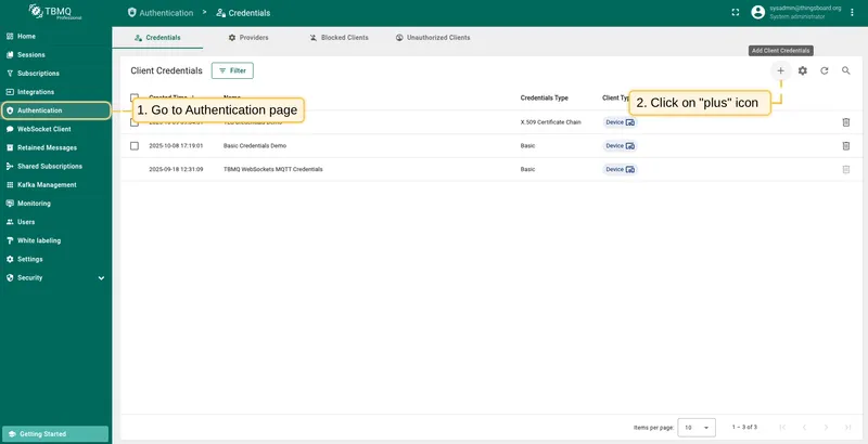 Go to Credentials page and click Add Client Credentials
