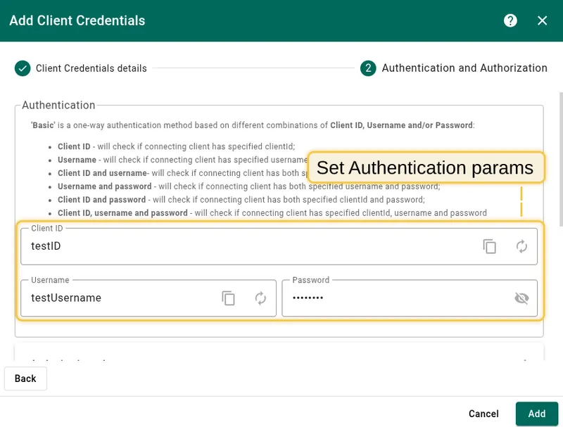 Fill in Authentication settings