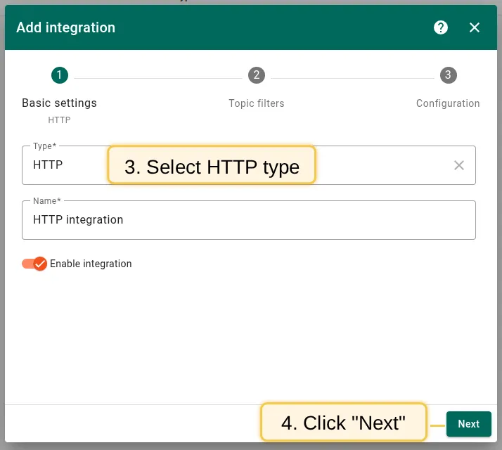 Select HTTP as the integration type and click Next