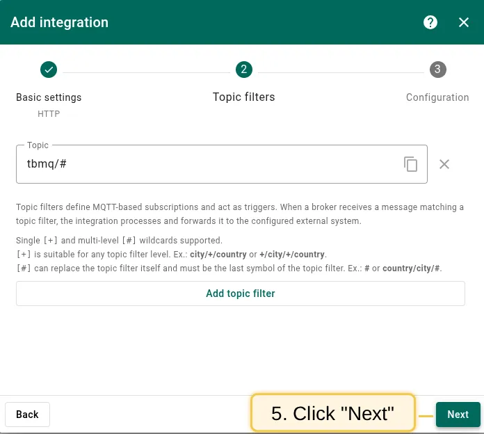 Click Next to subscribe to default topic tbmq/#