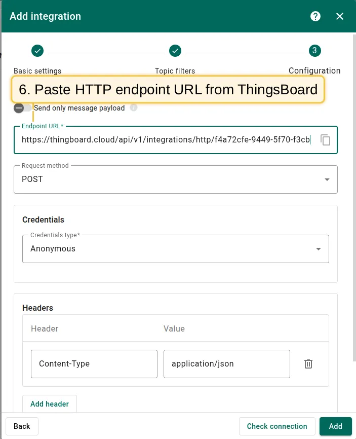 Paste the Endpoint URL from ThingsBoard