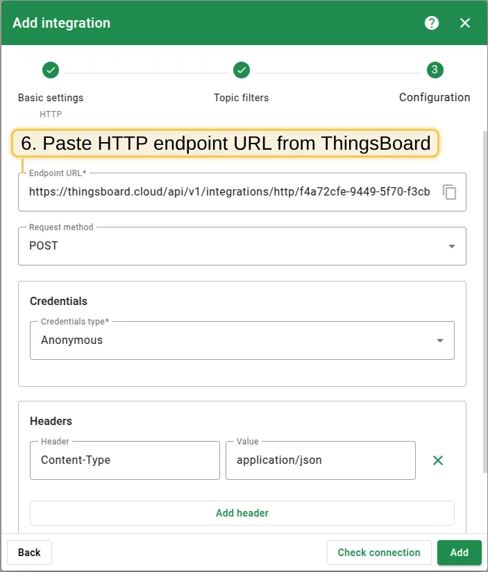 Paste the Endpoint URL from ThingsBoard