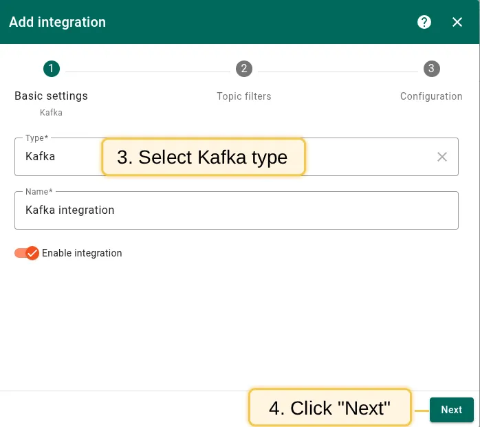 Select Kafka as the integration type and click Next