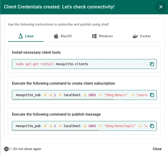 Check Connectivity window with autogenerated commands