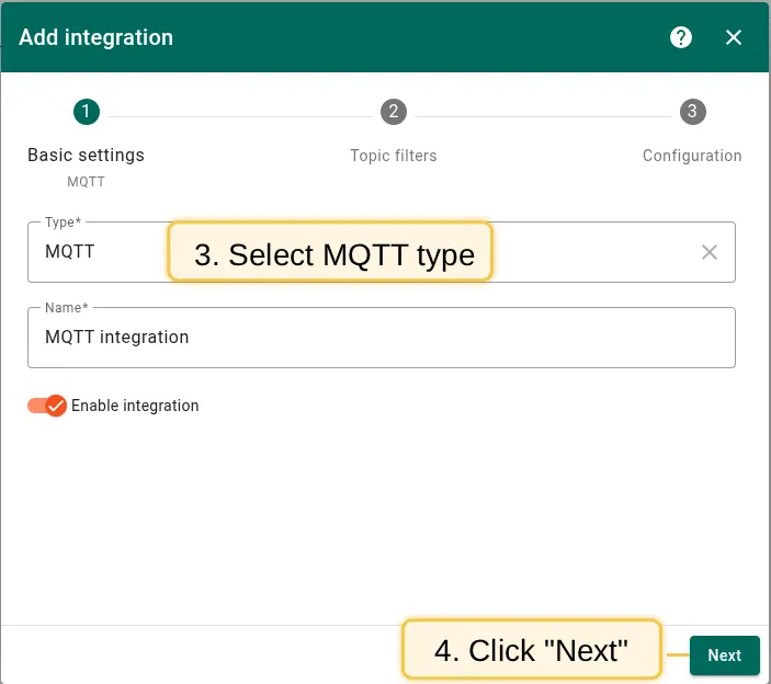 Select MQTT as the integration type and click Next