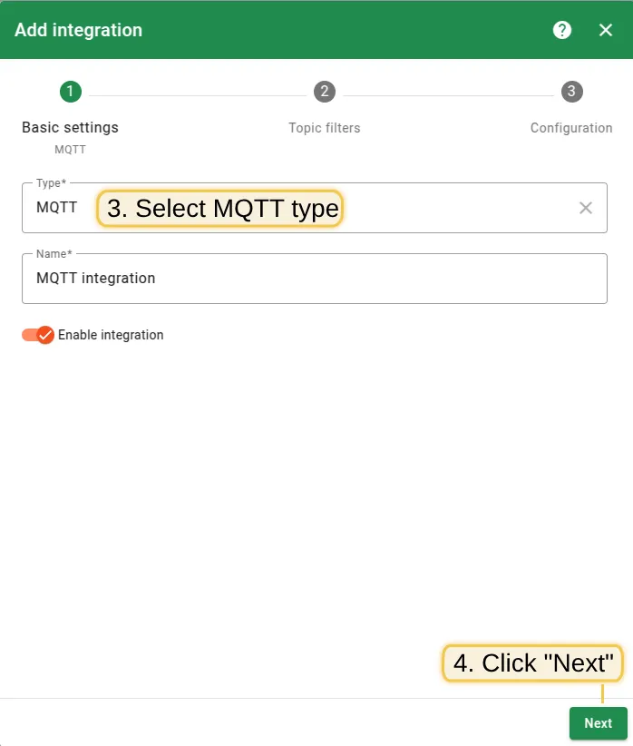 Select MQTT as the integration type and click Next