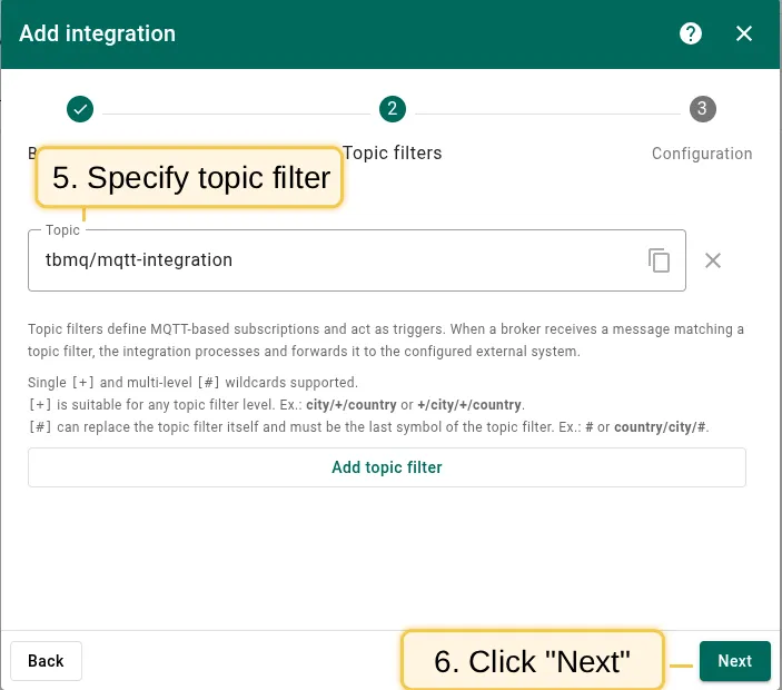 Change default topic filter to tbmq/mqtt-integration and click Next
