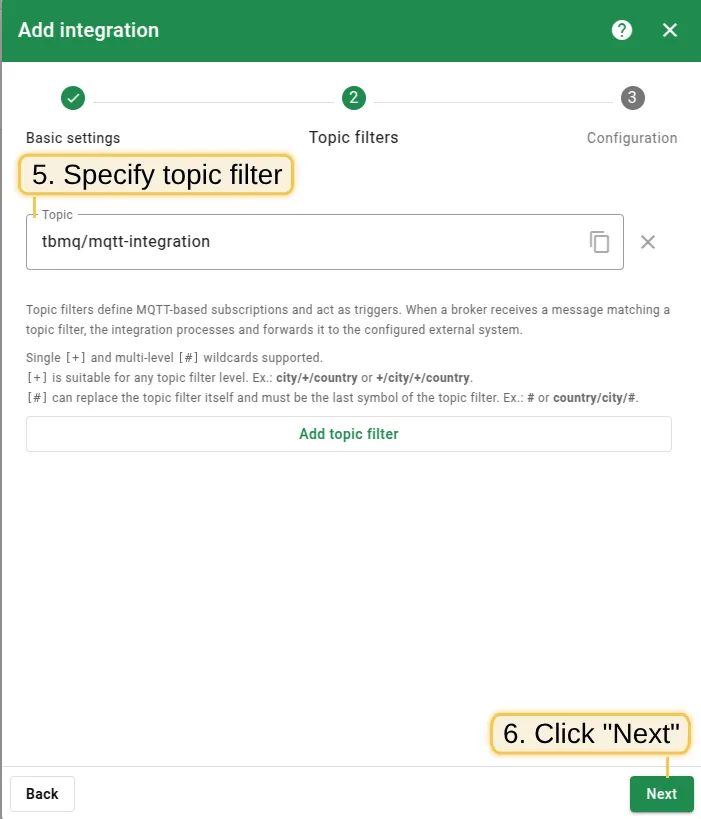 Change default topic filter to tbmq/mqtt-integration and click Next