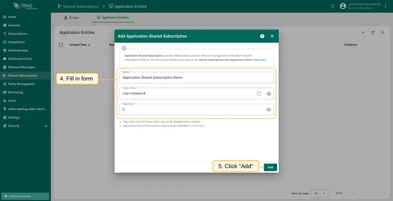 Fill in Name, Topic filter, and Partitions fields