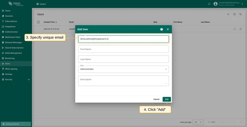Provide email and optional fields, then click Add