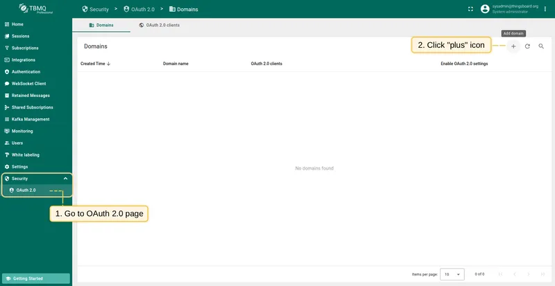 Open the OAuth 2.0 Domains tab and click the plus icon