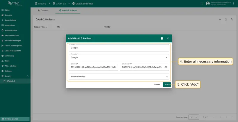 Configure OAuth 2.0 client title, provider, and credentials
