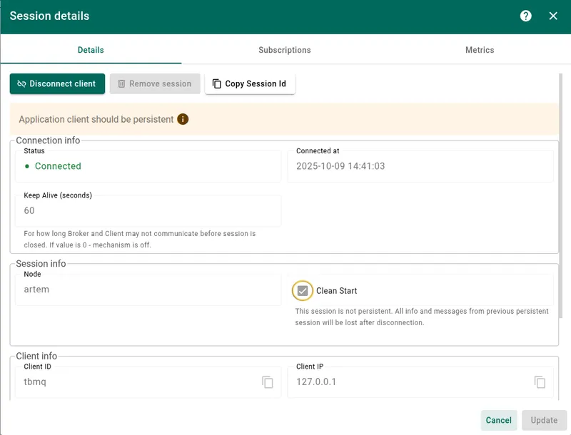 Warning displayed on session details page for a non-persistent APPLICATION client