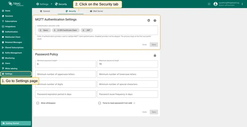 MQTT Authentication Settings page showing the Authentication Execution Order configuration