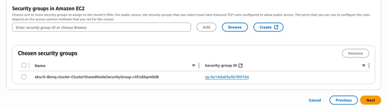 AWS MSK - choose eksctl-tbmq-cluster-ClusterSharedNodeSecurityGroup-* security group