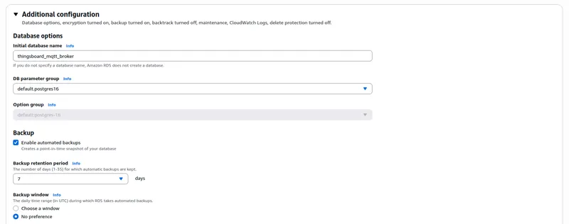 AWS RDS Additional config - type thingsboard_mqtt_broker for the initial database name