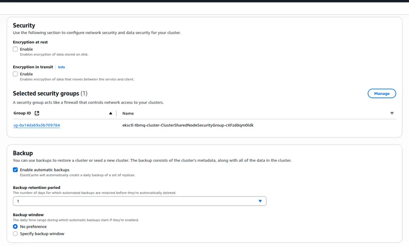 AWS ElastiCache - choose eksctl-tbmq-cluster-ClusterSharedNodeSecurityGroup-* security group