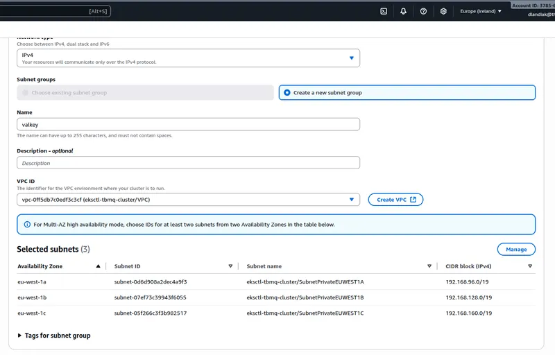 AWS ElastiCache - choose TBMQ VPC and private subnets