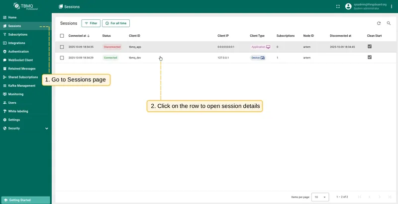 Sessions page showing all active client sessions