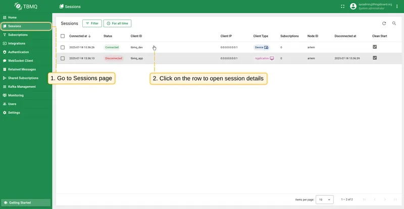 Sessions page showing all active client sessions
