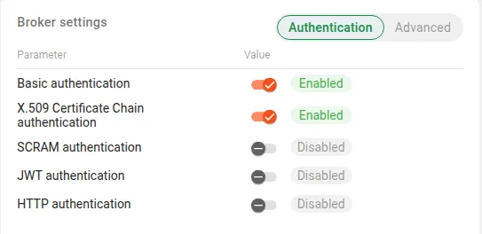 Broker settings Authentication tab