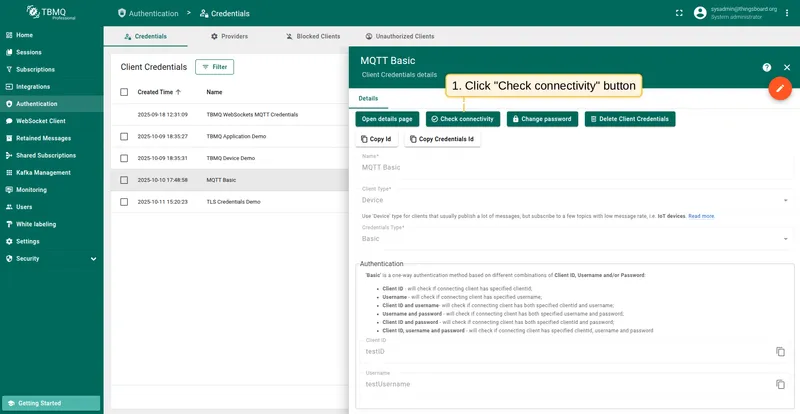 Click Check connectivity button on Basic client credentials