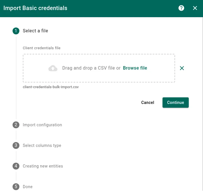 Step 1 — select a CSV file for bulk import