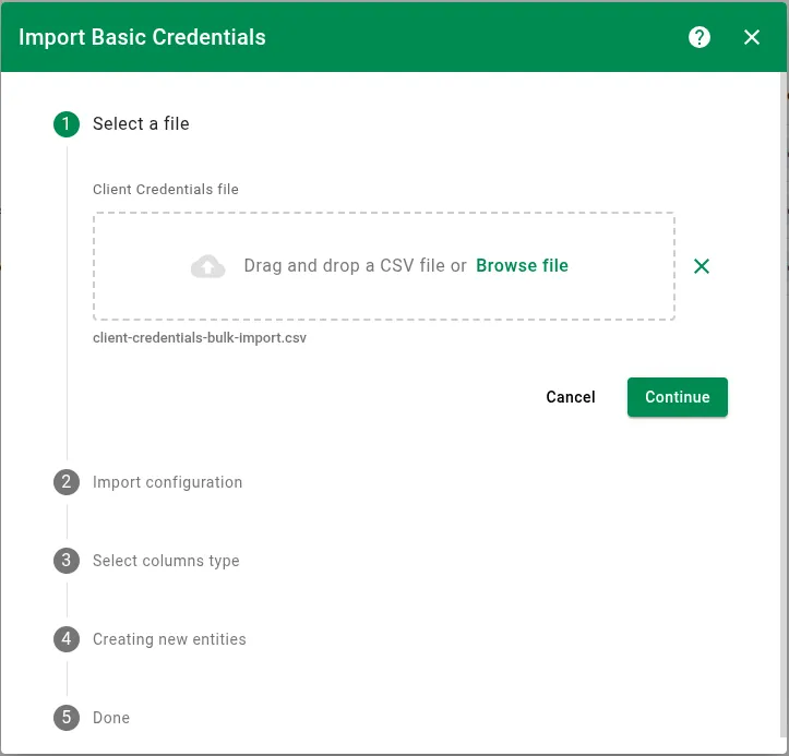 Step 1 — select a CSV file for bulk import
