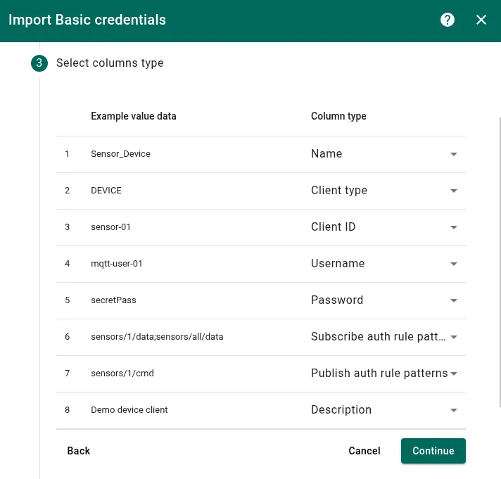 Step 3 — map CSV columns to credential fields