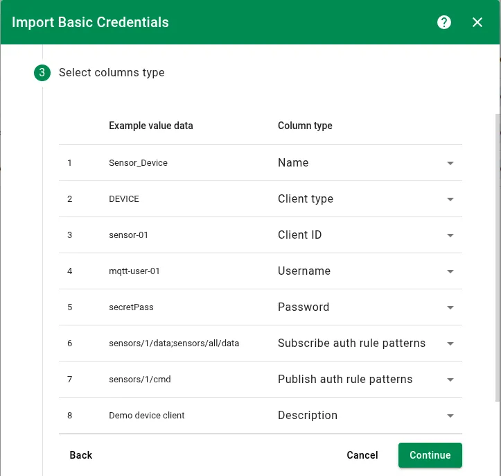 Step 3 — map CSV columns to credential fields
