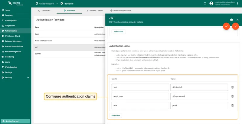 Configure JWT authentication claims for MQTT clients