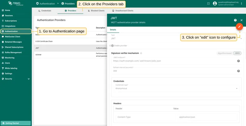 Open the JWT provider configuration page in TBMQ