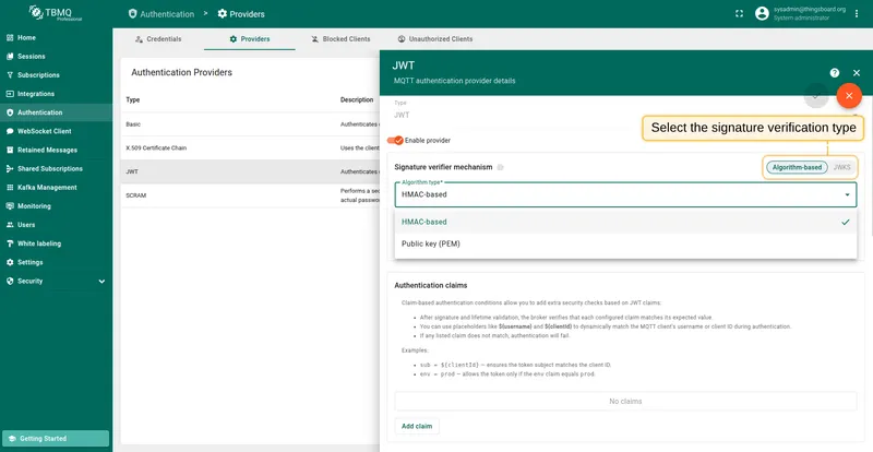 Select signature verifier mechanism for JWT authentication