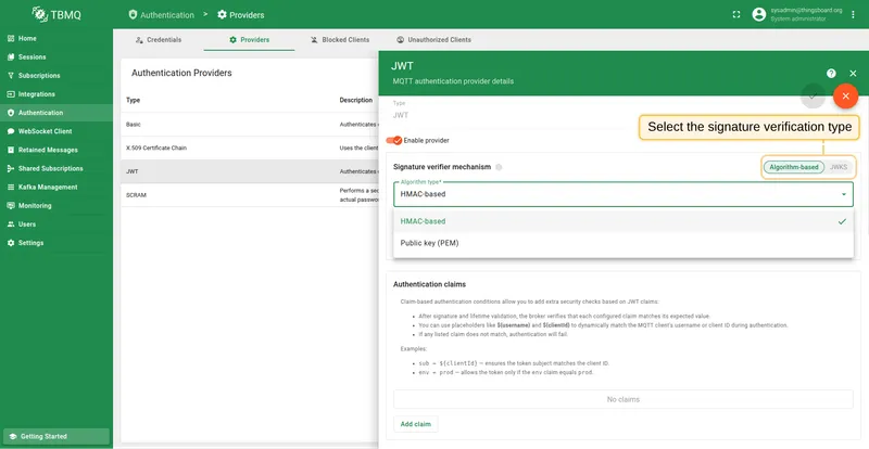 Select signature verifier mechanism for JWT authentication