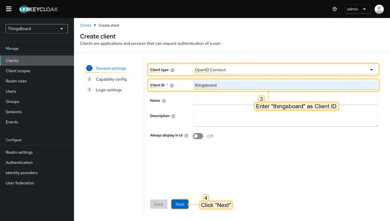 Enter thingsboard as client ID
