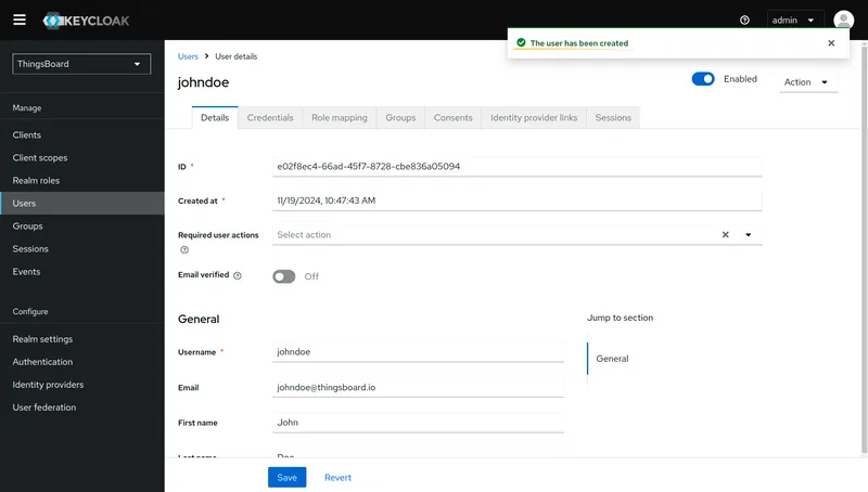 User created in Keycloak