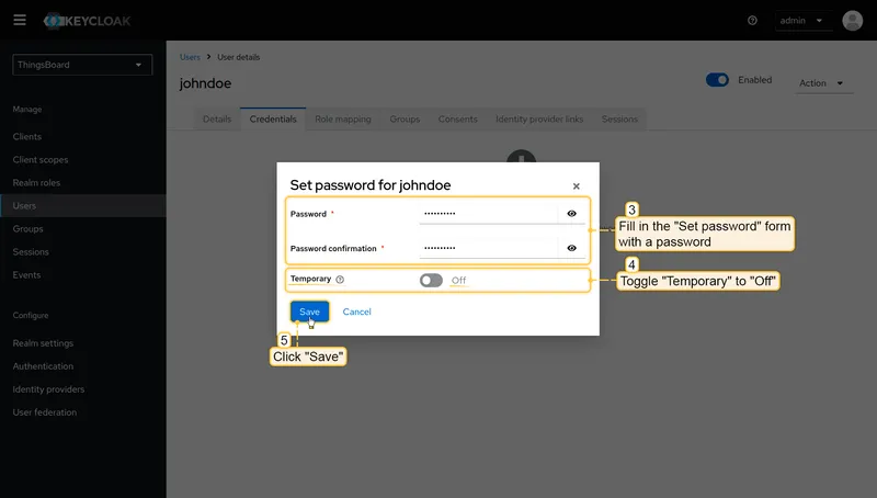 Fill in password form and toggle Temporary to Off