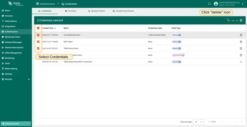 Select multiple credentials and click Delete in the top right corner