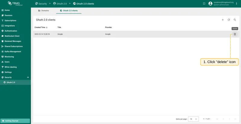 Click the trash icon to delete the OAuth 2.0 client
