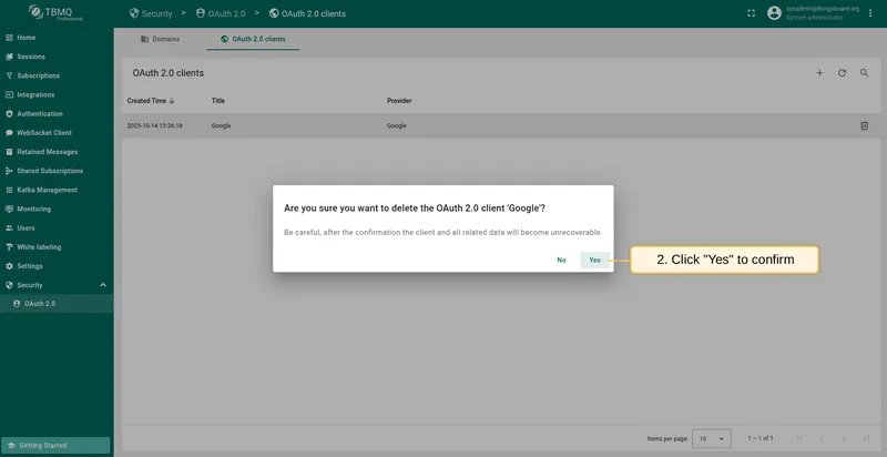 Confirm OAuth 2.0 client deletion