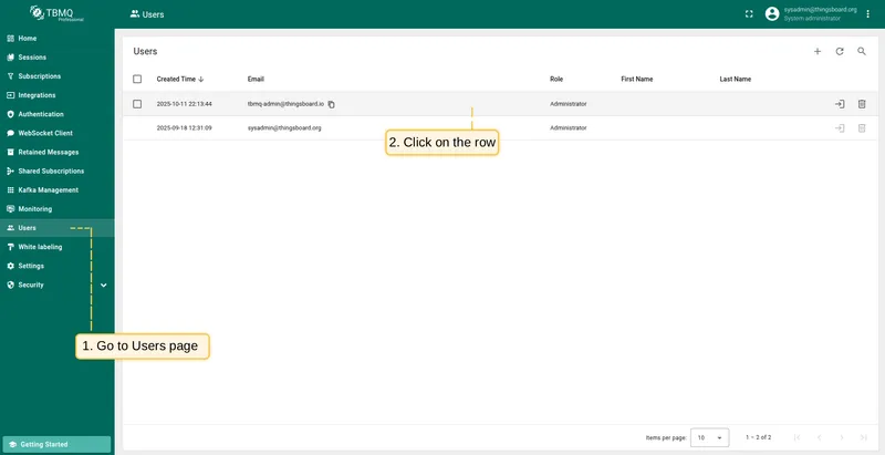Click on the user row in the Users table