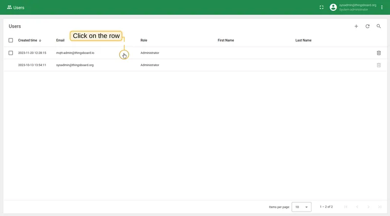 Click on the user row in the Users table