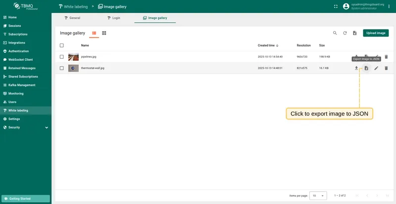 Export image to JSON from list view