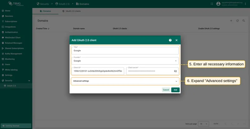 Configure Google OAuth 2.0 client settings in TBMQ