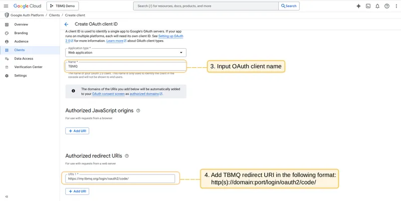 Enter OAuth client name and add TBMQ redirect URI