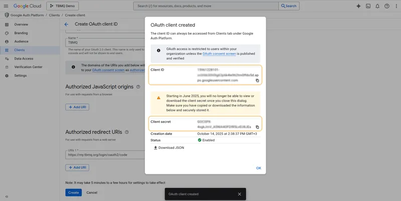 OAuth client created with Client ID and Client Secret