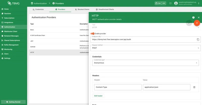 Configure TBMQ HTTP authentication provider for the example