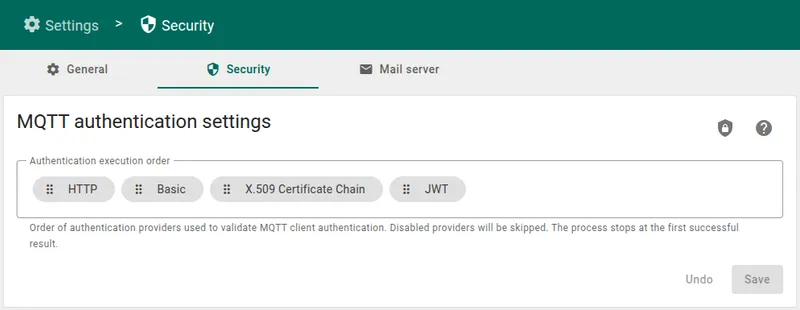 MQTT Authentication Settings showing HTTP provider at the top of execution order