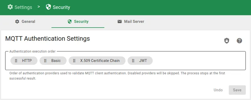 MQTT Authentication Settings showing HTTP provider at the top of execution order