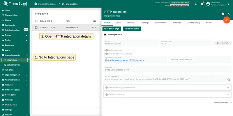 Open ThingsBoard Cloud HTTP integration details